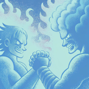 Intense battle scene between Luffy and Bullet. Fiery background, aggressive expressions, muscular forms