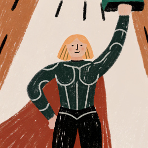 3D digital rendering of a female superhero. Blonde hair, confident pose. Dark gray and silver color scheme. No background.