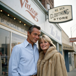 Caucasian couple John Derek and Linda Evans posing outside a vintage men's clothing store. John in a light blue button-up shirt, Linda in a mink coat. The store sign is prominently displayed in the background.