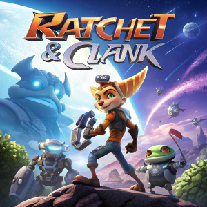Digital illustration of Ratchet & Clank video game cover for PS4 featuring a vibrant and cartoonish art style. Ratchet with his trusty wrench, Clank floating beside him, surrounded by futuristic alien landscapes and colorful gadgets.