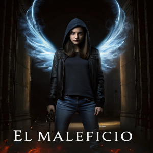 Movie poster for 'El Maleficio'. A young woman with fierce determination, encircled by a blazing aura and angelic wings. Dark backdrop with hints of fiery orange. Title 'EL MALEFICIO' prominently displayed at the bottom.