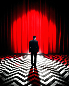 Man standing on a room with zig zag carpet, red curtains opening, stage, twin peaks,photo from behind his back, symmetrical