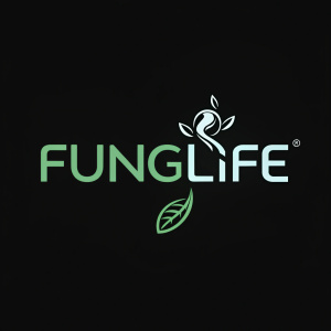 FungiLife logo, neon green font on black background, minimalist design, modern and sleek