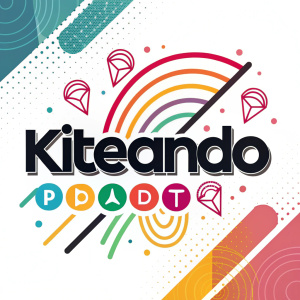 Modern logo for the Kiteando podcast. Against a background filled with vibrant abstract shapes and lines, in a variety of colors. The text is in a sleek, bold sans-serif font.