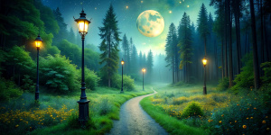 Dark mysterious woods at midnight. Full moon in black skies. Bright, vibrant colors. Tiny glowing fireflies in the air. A lot of green. There is an old lamppost in the clearing.