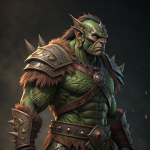Illustration of a fantasy orc. Muscular green-skinned figure, adorned in brown armor with intricate patterns and a menacing expression. Dark background.