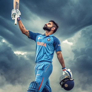 Cricket poster featuring Virat Kohli, Indian cricket team captain, in blue uniform. Cloudy, dramatic sky backdrop. Crisp, vibrant colors.