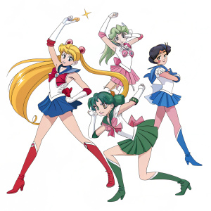 Sailor Moon and her team in action poses. Brightly colored costumes against plain white backdrop. Sailor Moon stands in classic pose, Sailor Jupiter, Sailor Mars, and Sailor Mercury in dynamic stances.
