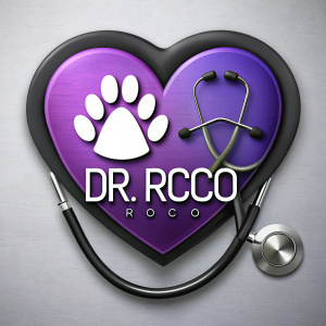 Logo de veterinaria con nombre Dr Roco con fonendoscopio y huella de pata de perro con un perro y gato en la huella de perro con ritmo cardíaco, con colores Morado, negro, blanco 