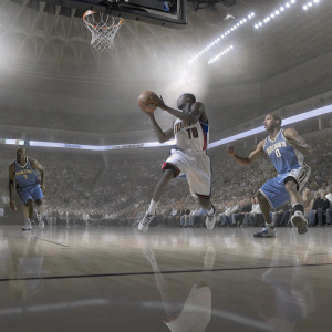 Jamal Crawford, wearing Clippers jersey with number 11, mid-air dribbling basketball. Nikola Jokic, in Nuggets jersey with number 15, and another Nuggets player, defend. Spectators in a packed indoor arena.