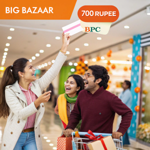 Exciting promotional photo for a festive gift voucher giveaway. Big Bazaar shoppers can enter for a chance to win a 700 rupee voucher with their BPC card.