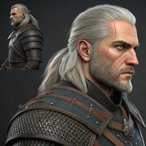 A hyper-realistic digital rendering of Geralt of Rivia from The Witcher series. Various angles showcasing his intricate armor and detailed facial features.