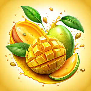 I want a mango split in half and around it a flying mango pieces juice drops.
