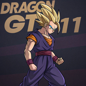 Gohan from Dragon Ball Z GT in a dynamic pose, determined expression. Anime art style, dark background, vibrant wallpaper with text 'Dragon GT #11'