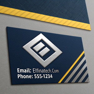 Elfin Technologies Business Card Design: Top section features large, modern logo in metallic silver. Contact info: Email elfin@tech.com, Phone 555-1234. Background in dark navy with yellow and gray accents for a sleek, contemporary look.
