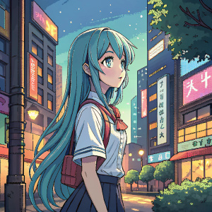 Digital pixel art illustration of an anime girl. She has long blue hair, green eyes, and is dressed in a school uniform. Set against a vibrant, colorful cityscape background.