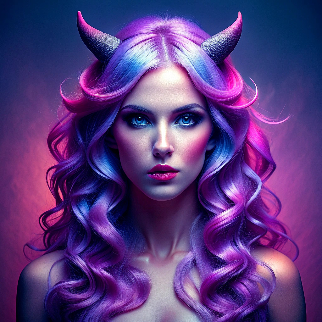 Succubus with gradient hair in purple, lilac, pink colors, with mysterious  face - Recraft