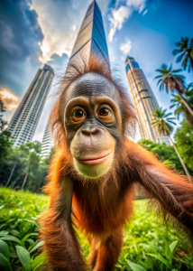 selfie shot of a happy baby orang utan with a background KLCC tower. camera angle: ground up, portrait shot in 13mm wide angle lens. POV.