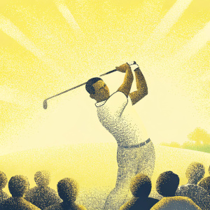 Hideki Matsuyama, sporting a white polo shirt, executing a powerful golf swing. Bright green golf course in background, crowd cheering
