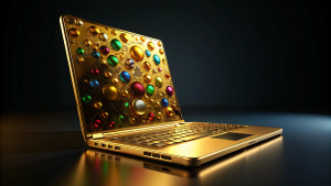 A golden laptop decorated with precious stones stands directly with the screen facing me. On a dark background