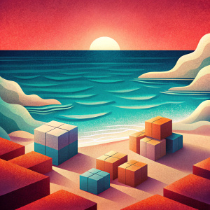 Shore with water and packaged paper boxes and transport palettes on the beach, it should look tempting to open the boxes and the whole thing in simple playful style