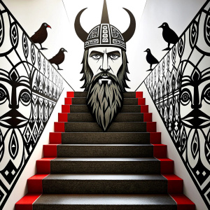 vikings and raven in walhalla stairs runen symbols pattern - perfect realistic art, high-definition, high-definition grey and black, white background 