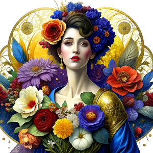 Brightly colored flowers, silk texture and stone texture, luxurious gold leaf details, Art Deco dress by Annigoni, Egon Schiele, Milo Manara, Botticelli, Catrin Welz. Stein, Jean Metzinger, Klimt, complementary colors, hyper-detailed. white background, watercolor and ink splashes, dynamic pose, dark blue background, artstation trend, sharp focus, studio photography, intricate details, highly detailed, by greg rutkouski, artstation trend, sharp focus, studio photography, intricate details, very d