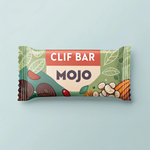 Clif Bar's Mojo packaging design: Rectangular, vibrant, semi-transparent. Ingredients visible inside, colorful, health-focused. Brand and product names clearly displayed
