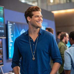 Greg Finley, actor with warm smile, donning a blue shirt and silver necklace. He's at a tech conference, surrounded by digital screens.