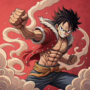 Digital artwork featuring Monkey D. Luffy. Muscular build, intense expression. Luffy is in a dynamic fighting pose with swirling smoke-like elements surrounding him. Vibrant red background with bold lines and dramatic emphasis on action and expression. Focus on Luffy's physique and the swirling elements