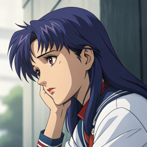 Misato Katsuragi from Neon Genesis Evangelion, deep in thought. Close-up portrait.