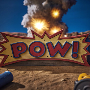 Comic book panel featuring a dramatic explosion effect in the background. Bold red, cartoon-style lettering reads 'POW!' on a yellow backdrop.