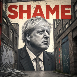Large poster with Boris Johnson's face. Bold red letters saying 'SHAME'. Urban alleyway background, graffiti and brick walls