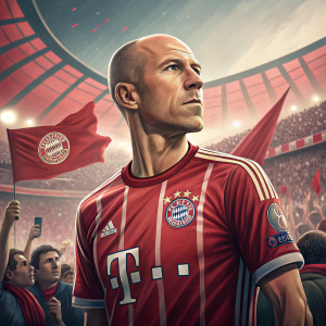 Arjen Robben, bald Dutch soccer star, wearing Bayern Munich jersey. Intense gaze, at Allianz Arena, surrounded by fans.