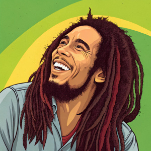 Cartoony graphic of Bob Marley with vibrant colors and bold outlines. Green backdrop, digital art