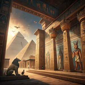 Immersive digital art scene featuring an ancient Egyptian fantasy realm. Intricate murals, mythical creatures, and ornate architectural details.