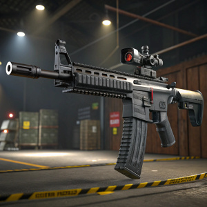 High-resolution 3D model of a Heckler & Koch HK416 assault rifle. Detailed depiction of weapon's components including the barrel, magazine, and trigger mechanism. Background is a dimly lit, industrial setting with surveillance cameras and caution tape.