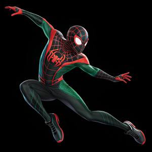Digital illustration of Miles Morales as Spider-Man. Various dynamic poses. Wearing iconic Spider-Man suit with vibrant green, red, and black colors. Set against solid black background.
