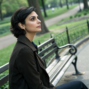 Morena Baccarin, with short dark hair, focused expression. Sitting on a bench in Central Park.