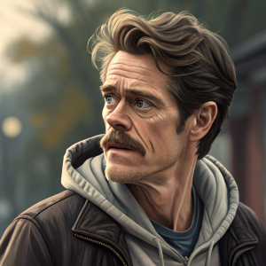 Willem Dafoe, candid shot, mustache, intense look, blurred background. Casual attire
