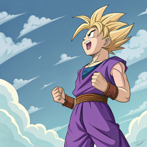 Gohan, the courageous protagonist, in his iconic purple outfit, displaying unwavering determination. Rendered in a vibrant, modern anime style.