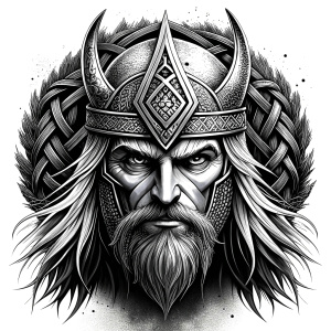 walhalla, viking warrior,  runics face, black work, white backrounds