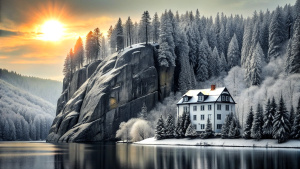 you see a small old hotel that stands directly on the shore of a lake. behind the house is a wintry forest. high rock faces rise above the forest. the color is said to be in shades of black, gray and dark red. Above the cliff face, the setting sun can be seen, its rays gently shining into the scene