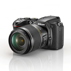 High-resolution image showcasing the Nikon COOLPIX L840 digital camera. Sleek black design, large prominent lens, and advanced features including 38x optical zoom. Brand logo 'Nikon' prominently displayed.