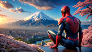 Spider-Man sits on top of sakura and looks at Mount Fuji