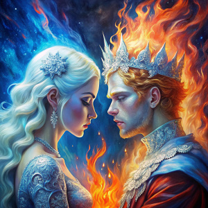 ice princess and fire prince, love, oil paint, old time, realistic