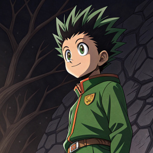 A vivid illustration of Gon Freecss from Hunter x Hunter. Standing against a dark, intricate background. Wild hair, expressive eyes. Rock-like texture, highly detailed, distinctly cartoonish.