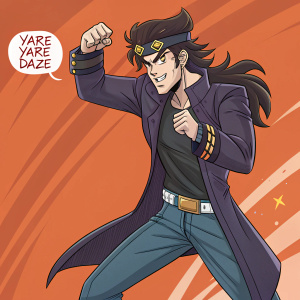 Digital illustration of Jotaro Kujo from JoJo's Bizarre Adventure standing in a fighting stance. Bold orange background. Anime style. Speech bubble with text 'Yare Yare Daze' to the left.