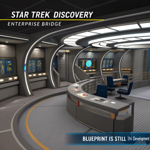 3D rendering of a Star Trek Discovery inspired Enterprise Bridge. The blueprint showcases seating arrangements, curved architecture, and futuristic elements. Text overlay indicates ongoing development.