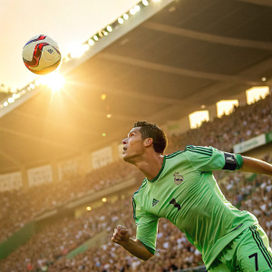 Cristiano Ronaldo, in a vibrant green jersey with Adidas logo, leaping towards the ball at a packed outdoor stadium. The background is a sea of cheering fans under a bright sun.